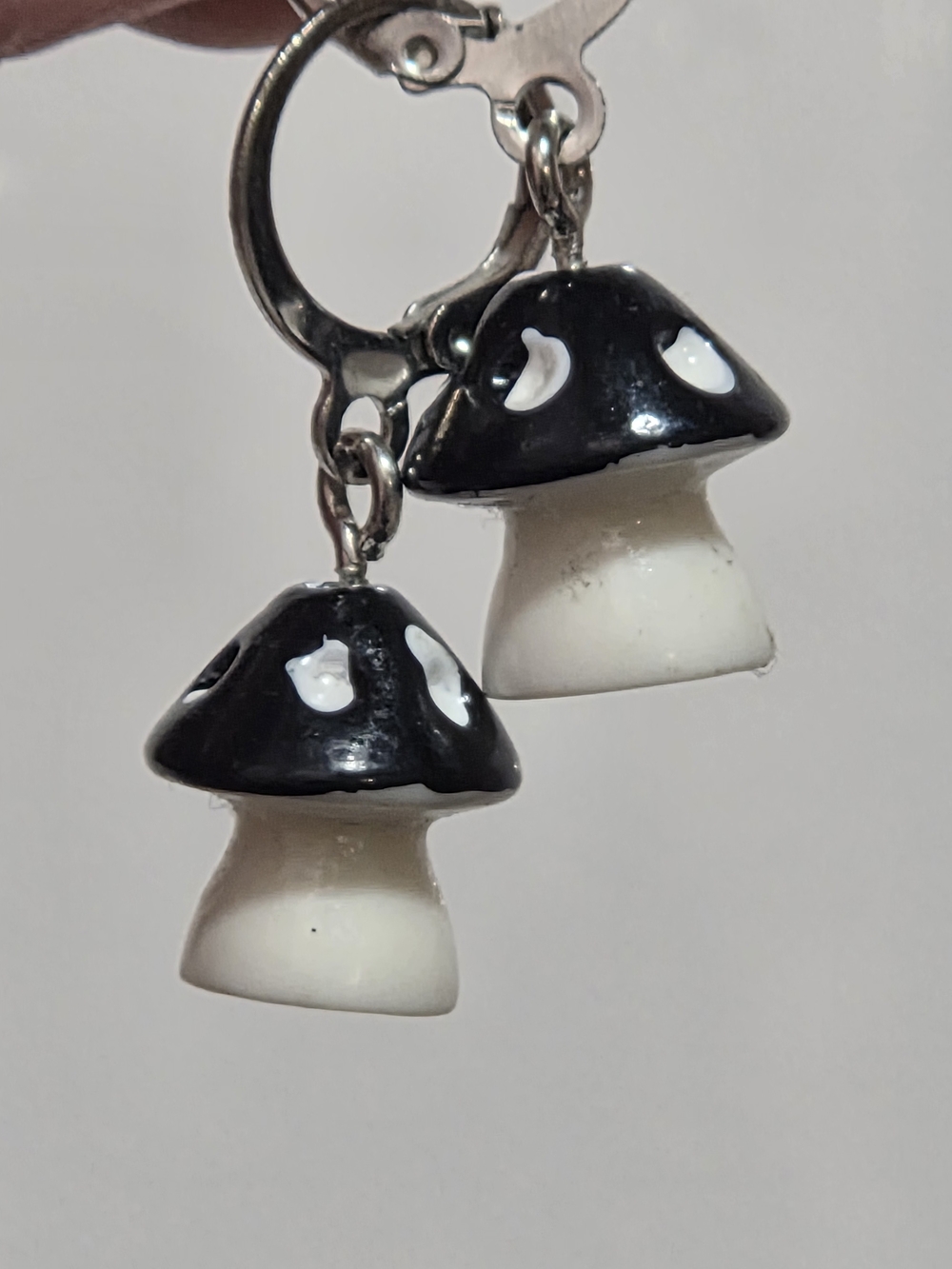 Black & White Mushroom Drop Earrings - Cute Ceramic Pair